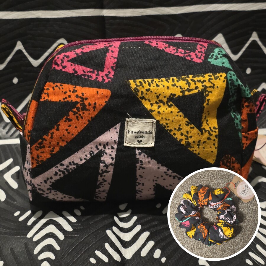 Rainbow geometric African print makeup bag with matching scrunchie