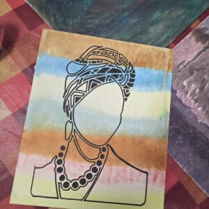 ACAP Made painted canvas: black stencilled outline of a woman in a patterned head wrap and bead necklace over painted bands of blue, yellow, orange and pink