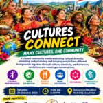 Cultures Connect flyer: Many Cultures, One Community. Saturday 24 October 2026, 11am to 5pm, University of Bradford, Rich/D52, Small Hall. Our Culture Our Crown CIC.
